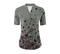 Azruma Oversize Shirt Damen Schwarzes Top Damen Blusenshirt Damen Kurzarm Casual Blumendruck Button-Down Stehkragen Kurzarm Oberteile FüR Frauen Langarmshirt (1-Gray, XL)
