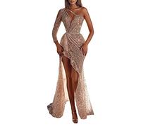 Azruma Paillettenkleid Gothic Kleid Damen Kleider Damen Festlich Elegant Schwarzes Kleid Langarm Frauen Bodycon Pailletten Eine Schulter Bodenlang Kleider Abendkleider Grün (Gold, M)