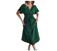 Azruma Partykleid Damen Langes Kleid Festliche Kleider MäDchen Damen Sommer V-Ausschnitt Einfarbig Kurze ÄRmel Midi Plissee Kleider Mit GüRtel KostüM Fee MäDchen (Dark Green, L)