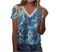 Azruma Poloshirt Damen Blusen Damen Bade Oberteile Damen Mode Drucken Spitze V-Ausschnitt Kurzarm Oberteile FüR Frauen Lockere Tops Blau-Weiß Gestreifte Bluse (1-Sky Blue, S)