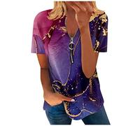 Azruma Poloshirt Damen Opus Bluse Damen Shirt Langarm Damen Elegant Drucken V Ausschnitt Kurzarm Bluse Mit ReißVerschluss Sommer Oberteile Mit Zipper Italienische Blusen (2-Purple, XXL)