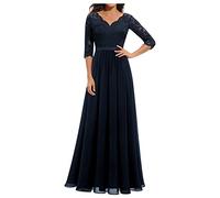 Azruma Pulloverkleid Damen Hippie Kleidung Damen Black Dress Damen Sexy Chiffon Spitze Patchwork RüCkenfrei V-Ausschnitt Swing Bodenlang Brautjungfernkleider Maid Dress (Marine, S)