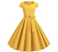 Azruma Pulloverkleid Damen Röcke Für Damen Leichte Sommerkleider Brautkleid Vintage 50Er Jahre Einfarbig V-Ausschnitt Kurzarm Rockabilly A-Line Swing Kleid Mit Gürtel Weißes Kleid Langarm (Gelb, M)