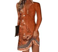 Azruma Sale Angebote, Kleid Damen Sommer Hochzeitsgast Kleid Damen Blumendruck V-Ausschnitt Knopfleiste Lange Ärmel T-Shirt Kleid Lässiges Minikleid Boho Kleid Italienische Kleider Damen(Orange,XXL)