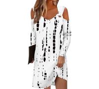 Azruma Sale Angebote, Sommerkleid Midi Damen Kleider Sommer Blumendruck V-Ausschnitt Lange Ärmel T-Shirt Kleid Lässiges Minikleid Boho Kleid Sommerkleider Knielang(Gray,XXL)