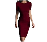 Azruma Samtkleid Damen Blusenkleid Damen Bodycon Kleid Damen Langarm Skihose Damen Slim Fit Rundhals Kurzarm Mini Kleid Elegant Kurz Bleistiftkleid Sommer Einfarbig Party HüFtkleid（ Wein ， M