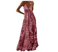 Azruma Schwarzes Kleid Damen Vokuhila Kleid Kleid GrüN Damen Sexy Elegant Retro Drucken Tiefer V-Ausschnitt Swing Bodenlang SpaghettiträGer Kleider Sommerkleid Damen Leicht (Rosa, XL)