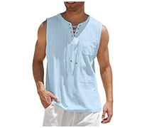 Azruma Shirt Herren äRmelloses Shirt Herren Shirt Mit Integriertem BH Vintage Leinen ÄRmelloses Distressed Einfarbig SchnüRung Leinenhemd Mit Fronttasche Herren Unterhemden Weiss (Hellblau, S)