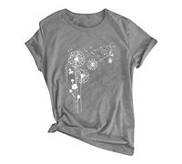 Azruma Sommer Oberteile Damen Basic Top Damen Surf Shirt Damen Sommer Pusteblume Drucken Rundhals Roll Up ÄRmel Oberteil LäSsig Rundhalsausschnitt Kurzarm Bluse Anime Shirt (1-Gray, XL)