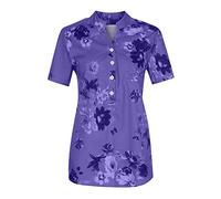 Azruma Sommer Oberteile Damen Longshirt Damen Kurzarm Tshirt MäDchen Casual Blumendruck Button-Down Stehkragen Kurzarm Oberteile FüR Frauen Weisse Tshirts Damen (2-Blue, L)