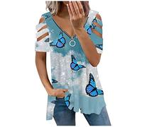 Azruma Sommer Oberteile Damen Mittelalter Bluse Damen Damen Blusen Sexy Drucken V-Ausschnitt Kurzarm Hollow Out Plus Size T Shirt Mit ReißVerschluss LäSsiges Plissee Oberteile Uv Shirt (3-Blue, L)