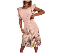 Azruma Sommerkleid Damen Elegant Blumenmuster Drucke Rüschen Kurzarm Rundhals Kleid mit Gürtel Lose Freizeit Midilang Kleid Party Kleid Hemdkleid Shirtkleid Blusenkleid Freizeitkleid