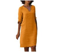 Azruma Sommerkleid Midi Stillkleid Kleid Damen Leinenkleid Damen Sommer V-Ausschnitt Halbe ÄRmel Einfarbig Knielang Leinen Kleider Damenkleider Elegant (Orange, S)