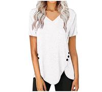 Azruma Spitzen Oberteile Damen Damen Crop Top Funktionsshirt Damen Kurzarm Elegant Einfarbig V-Ausschnitt Kurzarm Asymmetrisches ÜBergrößE Shirt Mit KnöPfen Wanderbluse Damen (Weiß, XXL)