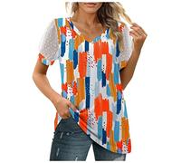 Azruma Spitzen Oberteile Damen Opus Bluse Damen Damenblusen Frauen Elegant Einfarbig V-Ausschnitt Swiss Dot Puff ÄRmel Bluse Locker Kurze ÄRmel Oberteile RüCkenfreies Tshirt (2-Orange, L)