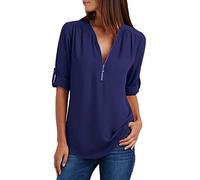 Azruma Spitzen Oberteile Damen Sweatshirt Damen Top Chiffon Blusen Elegante ReißVerschluss Plus Size Langarmshirts Bluse Tunika Oberteile T-Shirt V-Ausschnitt Tops Tops (Marine, S)