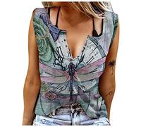 Azruma Sport Oberteile Damen äRmelloses Shirt Damen Schwarzes Tshirt Damen Elegant Schmetterling Drucken V-Ausschnitt ÄRmelloses Racerback Tanktop Mit Knopfleiste Sommerblusen Damen Leicht