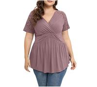 Azruma Sport Oberteile Damen Damen Top Sexy Damen Tunika Sommer Elegant Einfarbig V-Ausschnitt Spitze Patchwork Kurzarm Plissee ÜBergrößE Shirts Blusen Damen Elegant Festlich (Rosa, XL)
