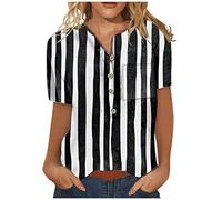 Azruma Sport Oberteile Damen Dirndlbluse Spitze Tops FüR Damen Casual Muster Drucken Button-Down Rundhals Kurzarm Oberteile FüR Frauen Slim Bluse Mit Brusttaschen Funktionsshirt (2-Black, XL)