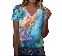 Azruma Sport Oberteile Damen Schwarze Bluse Damen Damen Blusen Mode Drucken Spitze V-Ausschnitt Kurzarm Oberteile FüR Frauen Lockere Tops Bluse Damen Kurzarm (2-Light Blue, 3XL)