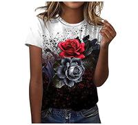 Azruma Sport Shirts FüR Damen 3/4 Arm Shirt Damen Strickjacke Damen Frauen Vintage Drucken Rundhals Kurze ÄRmel Bluse Locker Oberteile Casual Bedruckt Shirts Bluse Elegant (Schwarz, XXL)