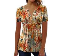 Azruma Sport Shirts FüR Damen Bluse Damen Sexy Tshirt Schwarz Damen Elegante Blumendruck Plissee V Ausschnitt Kurzarm Tshirt Mit Knopfleiste Top Damen Sommer (2-Orange, XL)