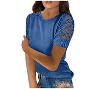 Azruma Sport Shirts FüR Damen Damen Sport T-Shirt Funktionsshirt Damen Kurzarm Frauen Elegant Einfarbig Rundhals Spitze Kurze ÄRmel T Shirt Mit Hohle Locker Oberteile Kleid Festlich Damen (1-Blue, M)