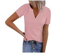 Azruma Sport Shirts FüR Damen WeißEs Top Damen Sweatshirt Damen Elegante Einfarbige V Ausschnitt Kurzarm Gerippt Strick Tshirt Slim Oberteile FüR Frauen Tunika (2-Pink, M)