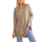 Azruma Sportbekleidung Flanellhemd Damen Damen Shirt Große Größen Frauen Casual Einfarbige Rundhals Langarm Shirt Mit Daumenloch Basic Shirts Leinenshirt Damen (Khaki, XXL)