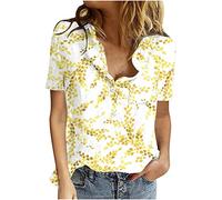 Azruma Sportshirt Damen Fledermaus Shirt Damen Damen Poloshirt Kurzarm Frauen Leinen Drucken Stehkragen Bluse Mit Knopfleiste Locker Oberteile Mit Brusttasche Y2K Top (1-Yellow, L)