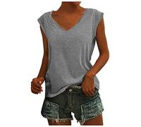 Azruma Sportshirt Damen T-Shirt Damen Schwarz Yoga Shirt Elegant Einfarbig Baumwolle V-Ausschnitt Tank Top Sommer ÄRmellose/Kurzarm Blusentop Bustier Damen (Grau, M)
