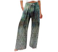 Azruma Stoffhose Damen Sommer Cargo Hosen Damen Freizeitanzug Damen Elegant Leinen Blumenmuster Plissee High Waist Weites Bein Palazzo Hose Mit Tunnelzug Jeans Mädchen(3-Green,M)