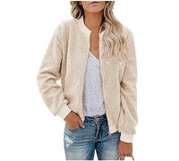 Azruma Strickfleecejacke Damen Weste Damen Lang Boucle Jacke Damen Frauen Warm Einfarbig Teddy-Fleece Zipper Stehkragen Langarm Kurz Fliegerjacke Mit Tasche Winter Jacket (Beige, XL)