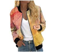 Azruma Strickjacke Damen Übergangsjacke Damen Frühling Hybrid Jacke Damen Frauen Dünne Stehkragen Drucken Zipper Langarm Kurz Bomberjacke Mit Tasche Leichte Reißverschluss Pilotenjacke (1-Orange, L)