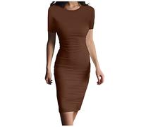 Azruma Strickkleid Etuikleid Damen Winterkleid Damen Elegant Winterjacke Damen Slim Fit Rundhals Kurzarm Mini Kleid Elegant Kurz Bleistiftkleid Sommer Einfarbig Party HüFtkleid（ Kaffee ， M