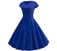 Azruma Summer Dress for Women Strandkleid Damen Lang Pinkes Kleid 1950Er Damen Vintage Cocktailkleid Cap Sleeves V-Ausschnitt Rockabilly Einfarbig Swing Kurz Kleider Mit Schleife Costume Women
