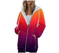 Azruma Sweatshirt Damen Oberteile Damen Herbst Glitzer Top Frauen Oversized Farbverlauf Drucken Full Zip Lange Langarm Kapuzenjacke Mit Taschen Daunenjacke Damen Leicht (1-Red, XXL)
