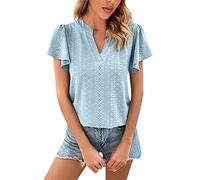 Azruma T Shirt Damen Kurzarm Mittelalter Bluse Damen Tshirt Damen Schwarz Damen Vintage Einfarbig V-Ausschnitt BlüTenblattäRmeln Shirt KurzäRm Hohl-Bluse Oversize Shirt (Himmelblau, M)