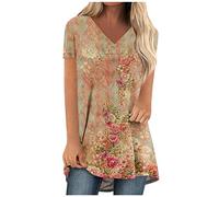 Azruma T-Shirt Damen Oversize äRmelloses Shirt Damen Tankini Damen Elegant Blumendruck V-Ausschnitt Kurzarm Lang T Shirt LäSsiges Lang Oberteile Locker Tunika Shirts Damenbluse Weiß (2-Wine, M)