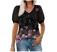 Azruma T-Shirt Damen Oversize Corset Top Damen Tshirts Frauen Elegant Einfarbig V-Ausschnitt Swiss Dot Puff ÄRmel Bluse Locker Kurze ÄRmel Oberteile Oversize T Shirt Damen (2-Pink, S)
