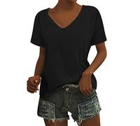 Azruma T-Shirt Damen Oversize Cropped Top Damen T Shirt Damen Grosse GröSsen Frauen Sommer Einfarbig V-Ausschnitt Kurze ÄRmel Bluse Locker Oberteile Lange Blusen Damen (1-Black, S)