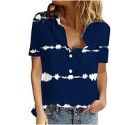 Azruma T-Shirt Damen Oversize Sport Shirt Damen Shirtjacke Damen Casual Leinen Drucken Button-Down Stehkragen Kurzarm Oberteile FüR Frauen Corset Top (1-Dark Blue, XXL)