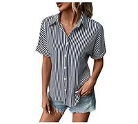Azruma T-Shirt Damen Oversize Trachtenbluse Damen Tunika Damen GroßE GrößEn Sommer Kurzarm Streifen Drucken KnöPfleiste Shirt Mit Reverskragen Bluse Damen Elegant (Marine, XL)