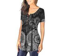 Azruma T Shirt Damen V Ausschnitt 3/4 Arm Shirt Damen Shirtjacke Damen Oversize V-Ausschnitt Blumendruck Plissee Button Down Kurzarm Bluse Musselin Bluse Damen (2-Black, XL)