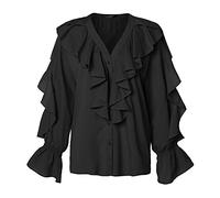 Azruma T-Shirt Damen V Ausschnitt Bluse Damen Sommer T Shirt BH Elegant Chiffon V-Ausschnitt RüSchen Langarm Einfarbig Shirt Mit Knopfleiste Sommer Volant Oberteil Ringelshirt Damen (Schwarz, S)