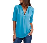 Azruma T-Shirt Damen V Ausschnitt Blusen Damen Damen Tunika Chiffon Blusen Elegante ReißVerschluss Plus Size Langarmshirts Bluse Tunika Oberteile T-Shirt V-Ausschnitt Tops Corset Top (Himmelblau, L)