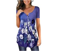 Azruma T-Shirt Damen V Ausschnitt Karierte Bluse Damen Bikini Oberteil Oversize V-Ausschnitt Blumendruck Plissee Button Down Kurzarm Bluse Bluse Kurzarm (1-Blue, 4XL)