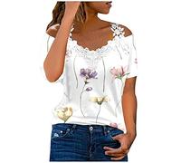 Azruma T Shirt Damen V Ausschnitt Shirt Damen Sommer Tshirt BH Frau Sexy Drucken V-Ausschnitte Spitze Patchwork Kalte Schulter Shirt Elegant Cold Shoulder Damenbluse Tankinis FüR Damen (2-White, L)