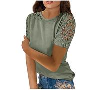 Azruma T-Shirt Damen V Ausschnitt Sport Shirt Damen Shirtjacke Damen Frauen Elegant Einfarbig Rundhals Spitze Kurze ÄRmel T Shirt Mit Hohle Locker Oberteile Satin Bluse Damen (1-Mint Green, M)