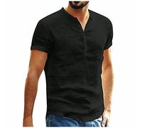 Azruma T-Shirt Herren Weiß Hemdblusenkleid T-Shirts Herren Casual Kurzarm Einfarbige Rundhals Button Down Leinen Shirt Sleeveless Shirt Herren (Schwarz, L)